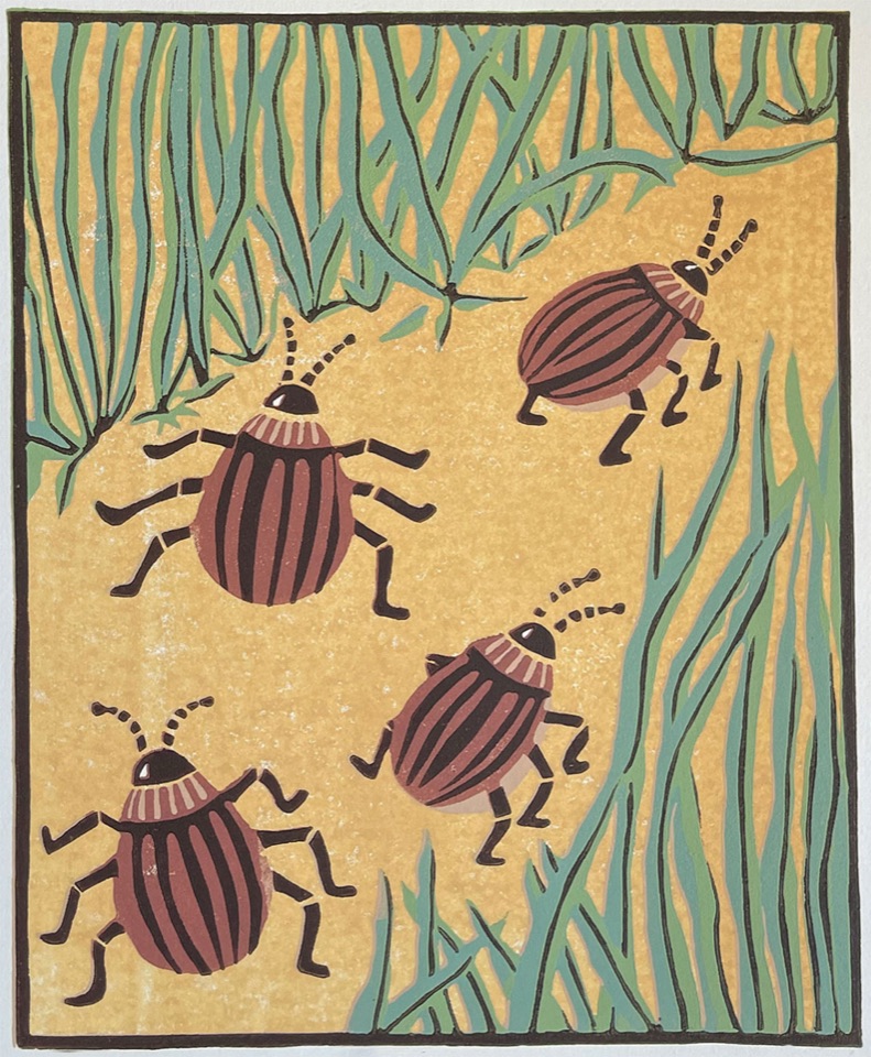 Four Little Beetles — relief print by Kate Goetz