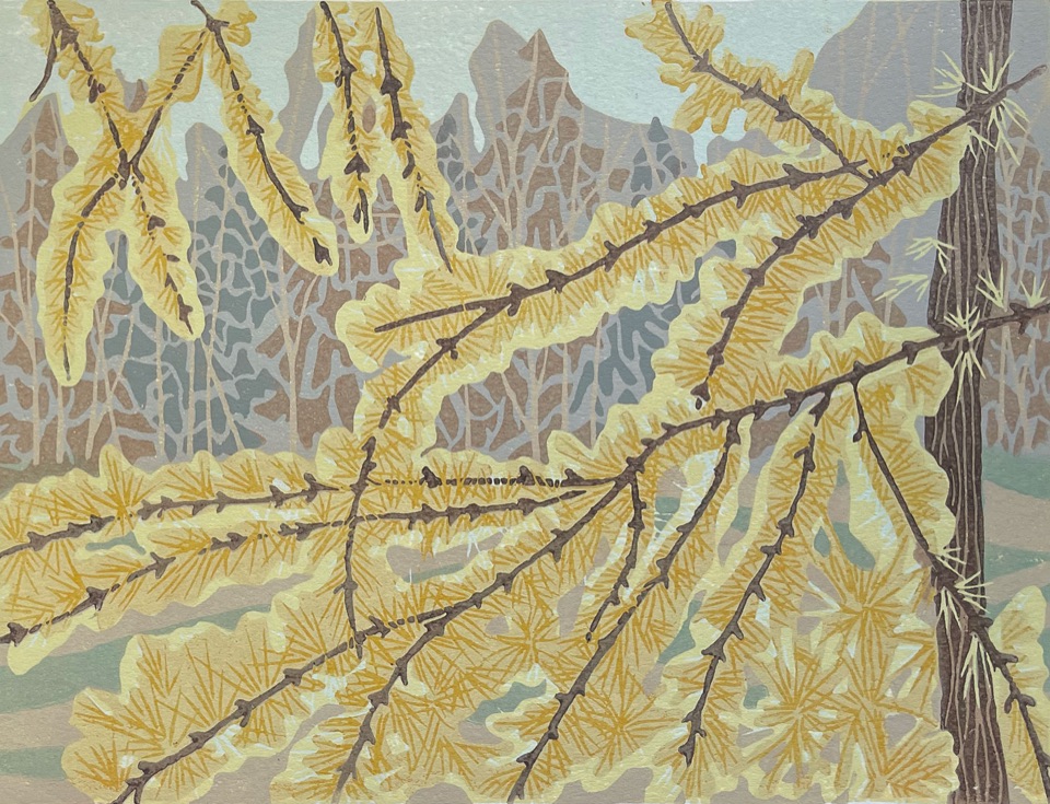 In the Gold of the Larches — relief print by Kate Goetz