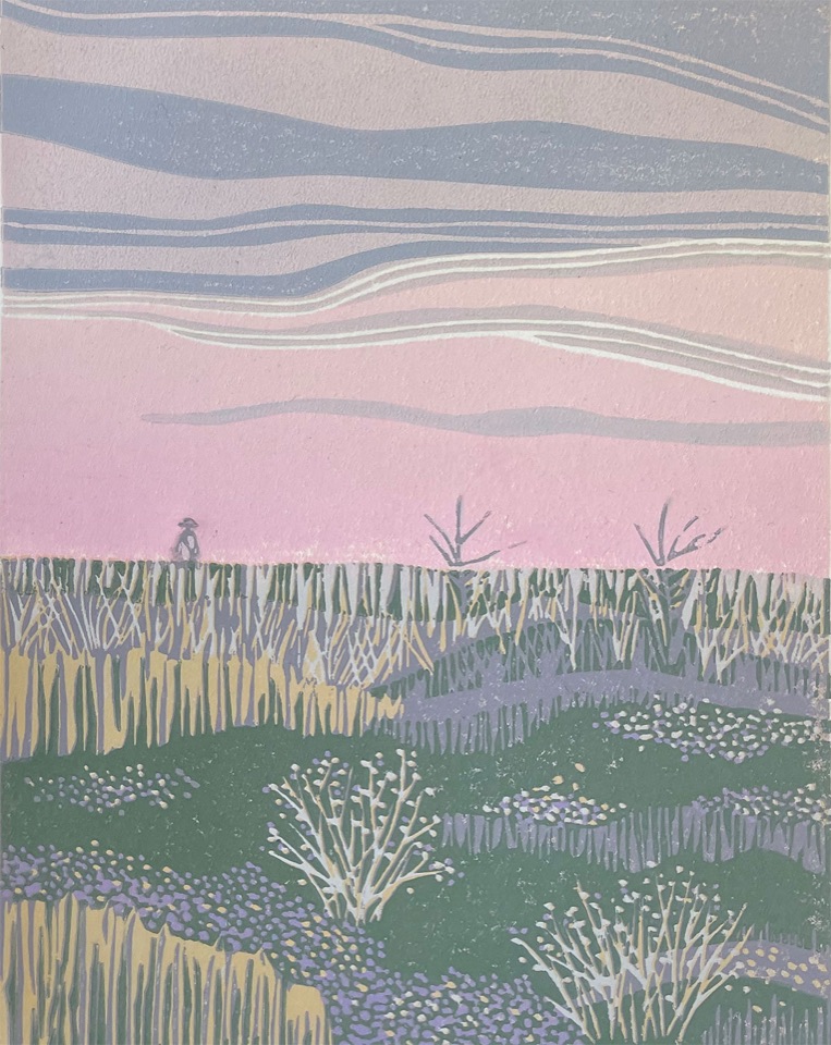 Grasslands Sunset — relief print by Kate Goetz