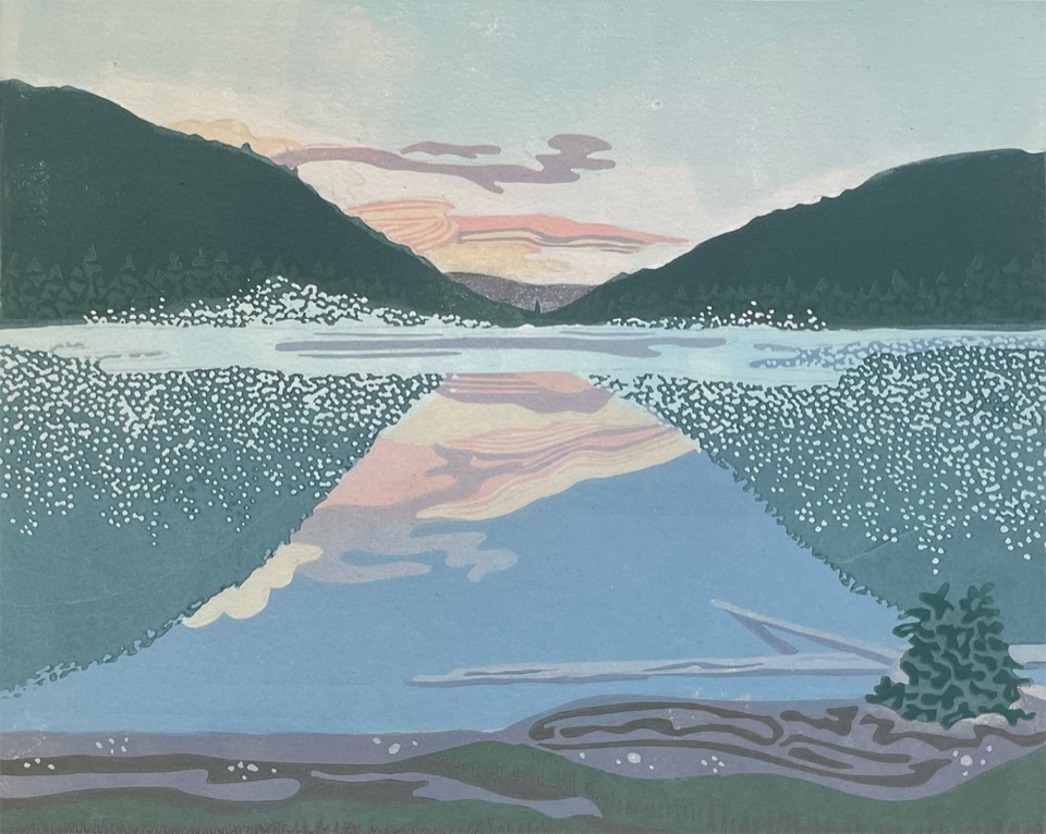 Jewel Lake, BC — relief print by Kate Goetz