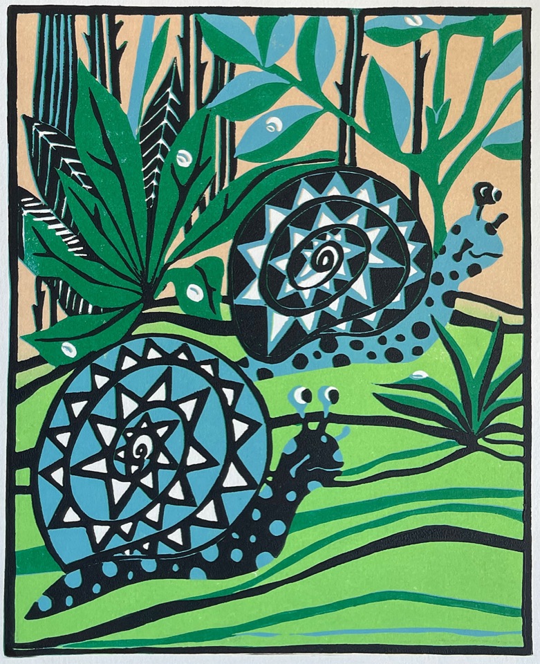 Two Little Snails — relief print by Kate Goetz