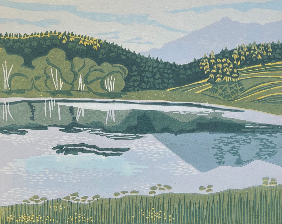 Wapiti Lake, BC — relief print by Kate Goetz