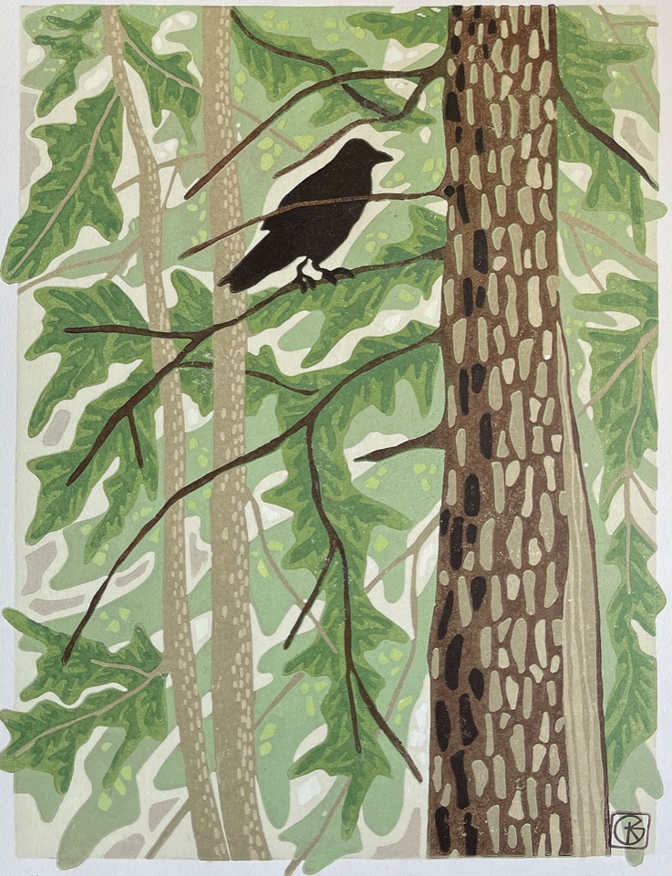 Who’s Watching Whom — relief print by Kate Goetz