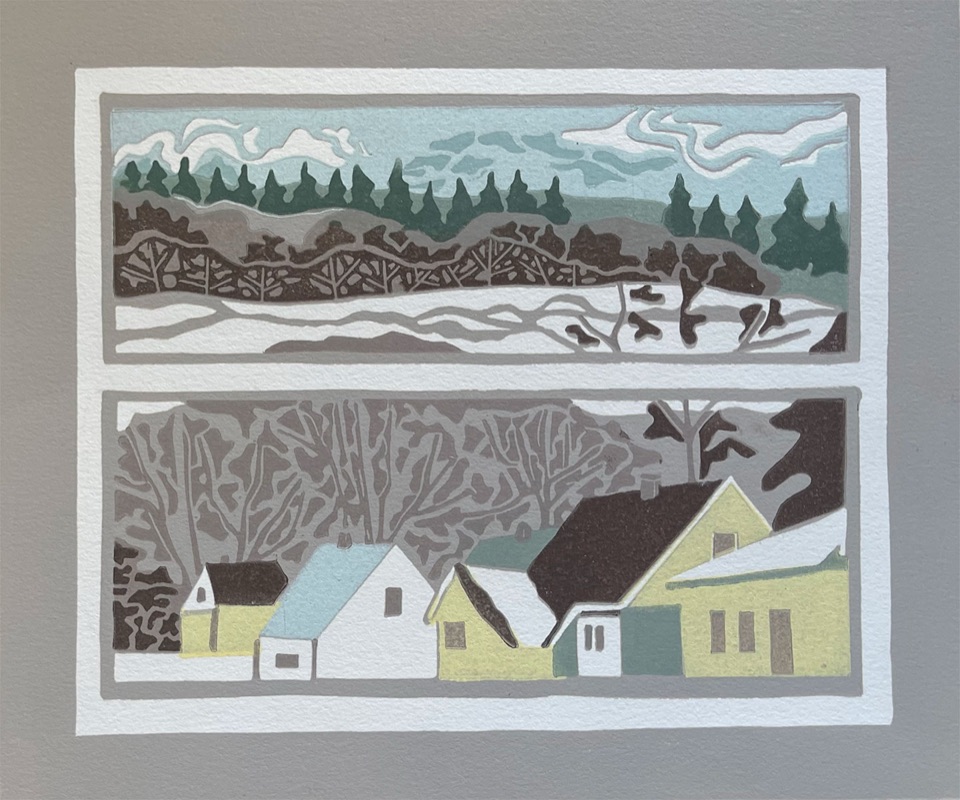 Winter’s View — relief print by Kate Goetz
